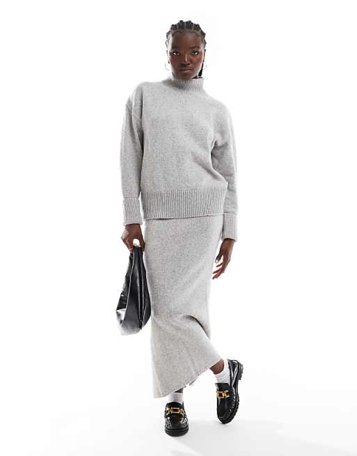 DESIGN Knitted High Neck Jumper With Turn Back Cuffs In Mid Grey