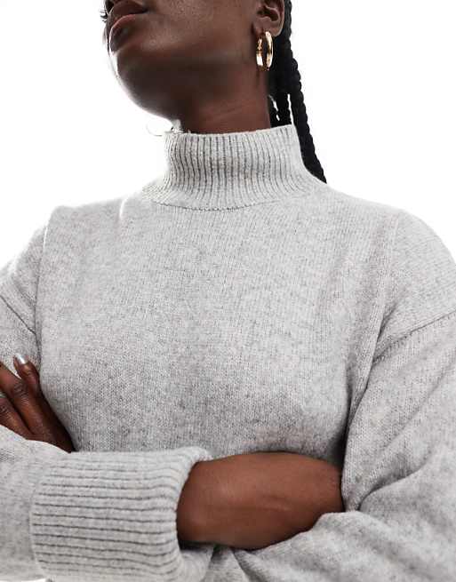 DESIGN Knitted High Neck Jumper With Turn Back Cuffs In Mid Grey