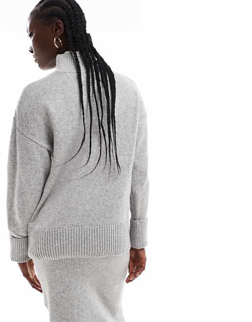 DESIGN Knitted High Neck Jumper With Turn Back Cuffs In Mid Grey