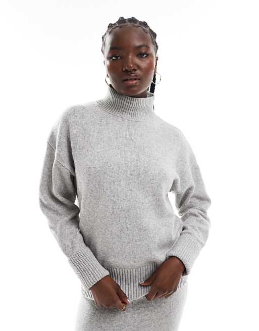 DESIGN knitted high neck jumper with turn back cuffs in mid grey