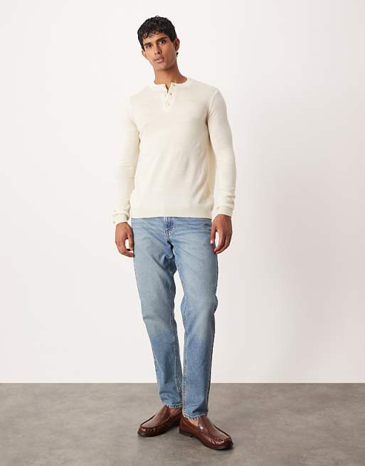 DESIGN Knitted Long Sleeve Henley Neck T-shirt In White