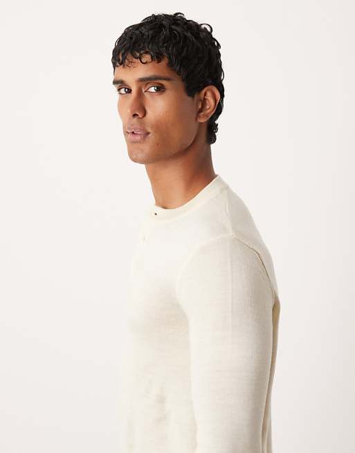 DESIGN Knitted Long Sleeve Henley Neck T-shirt In White