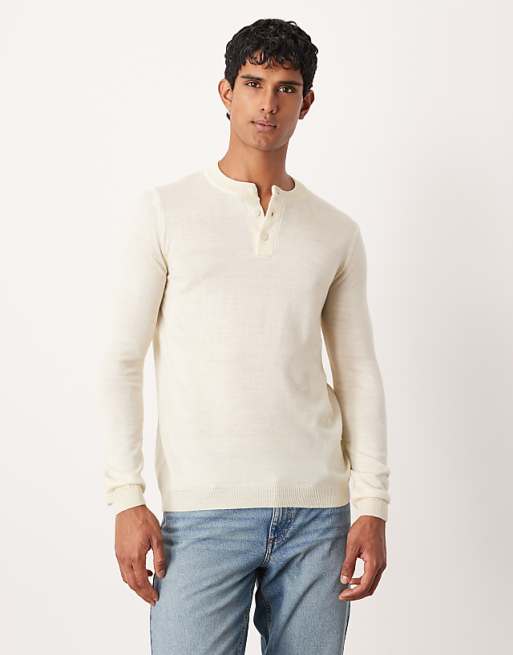 DESIGN knitted long sleeve henley neck t-shirt in white