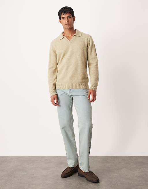 DESIGN Knitted Long Sleeve Notch Neck Polo In Sage Green