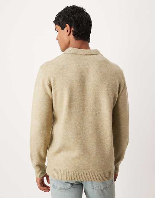 DESIGN Knitted Long Sleeve Notch Neck Polo In Sage Green