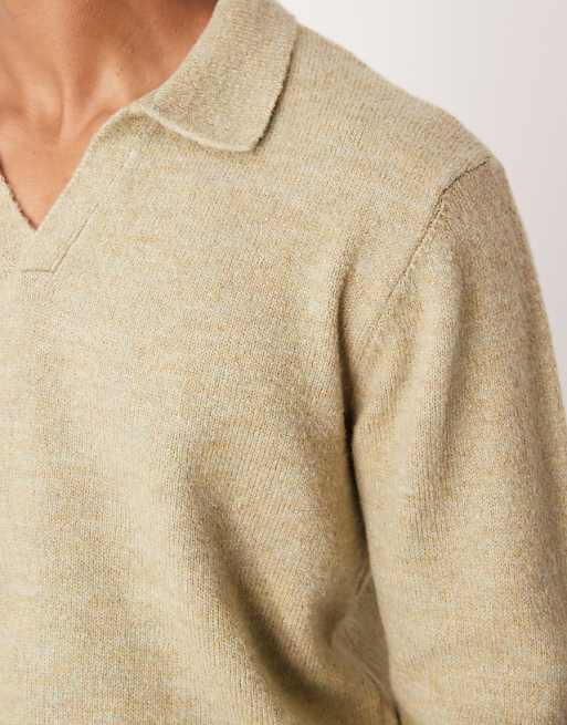 DESIGN Knitted Long Sleeve Notch Neck Polo In Sage Green