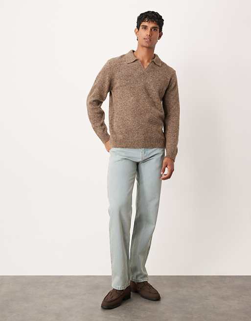 DESIGN Knitted Long Sleeve Notch Neck Polo In Brown
