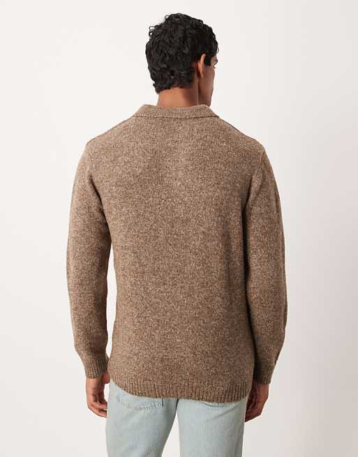 DESIGN Knitted Long Sleeve Notch Neck Polo In Brown