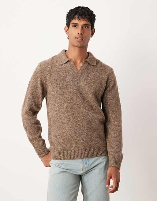 DESIGN knitted long sleeve notch neck polo in brown