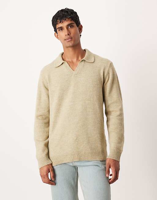 DESIGN knitted long sleeve notch neck polo in sage green