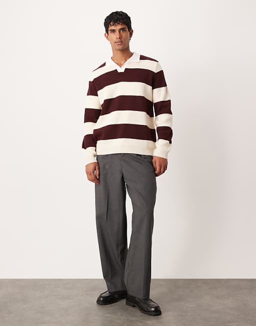 DESIGN Knitted Long Sleeve Rugby Polo In Burgundy Stripe