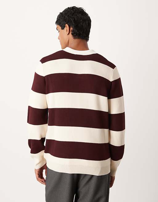 DESIGN Knitted Long Sleeve Rugby Polo In Burgundy Stripe
