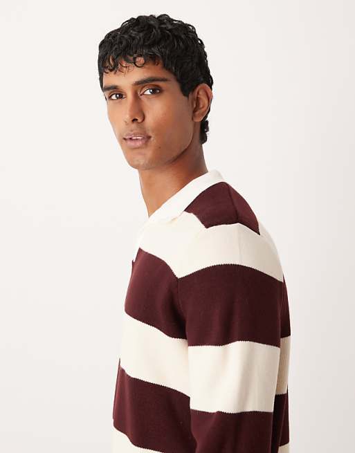 DESIGN Knitted Long Sleeve Rugby Polo In Burgundy Stripe