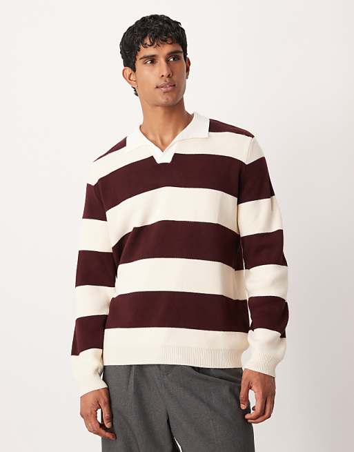 DESIGN knitted long sleeve rugby polo in burgundy stripe