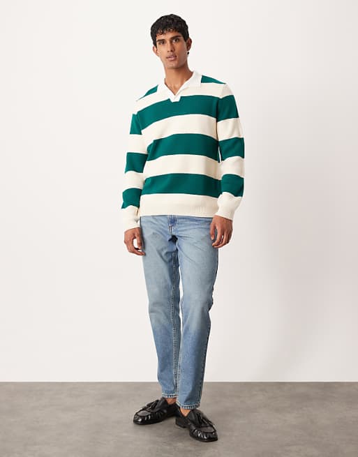 DESIGN Knitted Long Sleeve Rugby Polo In Green Stripe