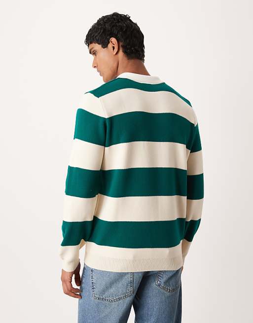 DESIGN Knitted Long Sleeve Rugby Polo In Green Stripe