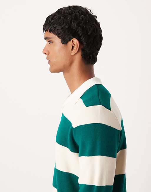 DESIGN Knitted Long Sleeve Rugby Polo In Green Stripe
