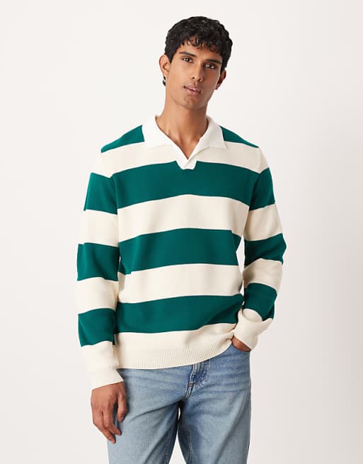 DESIGN knitted long sleeve rugby polo in green stripe