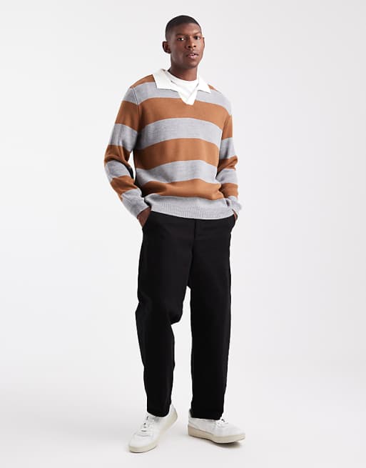 DESIGN Knitted Long Sleeve Rugby Polo In Tan And Grey Stripe