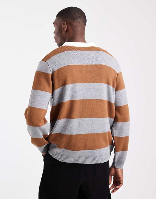 DESIGN Knitted Long Sleeve Rugby Polo In Tan And Grey Stripe