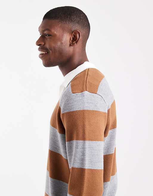 DESIGN Knitted Long Sleeve Rugby Polo In Tan And Grey Stripe