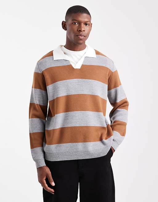 DESIGN knitted long sleeve rugby polo in tan and grey stripe