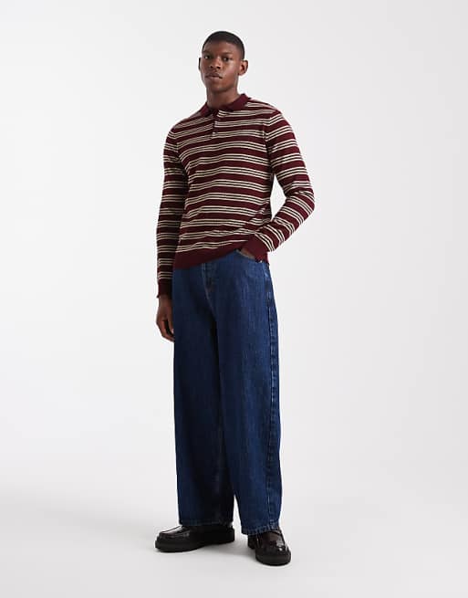 DESIGN Knitted Long Sleeve Stripe Polo In Burgundy