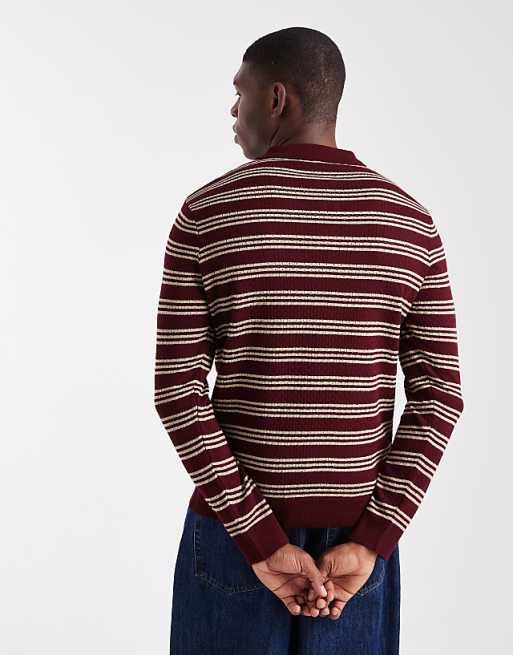 DESIGN Knitted Long Sleeve Stripe Polo In Burgundy