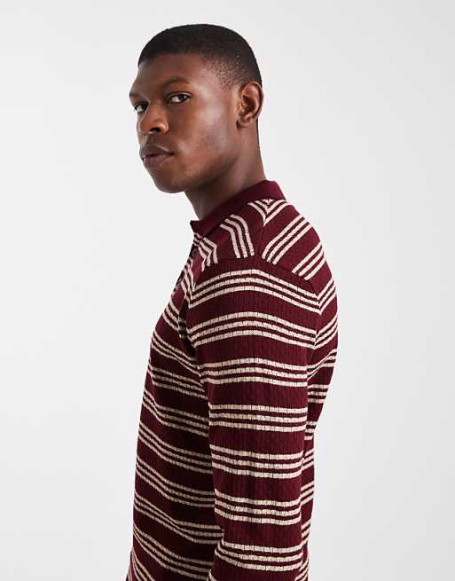 DESIGN Knitted Long Sleeve Stripe Polo In Burgundy