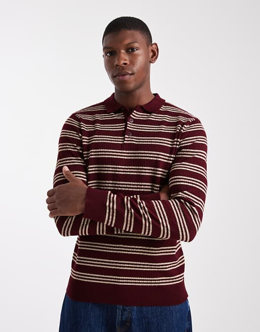 DESIGN knitted long sleeve stripe polo in burgundy