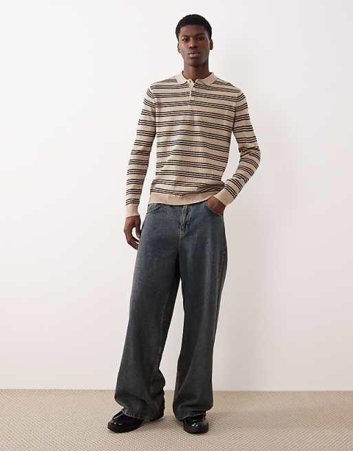 DESIGN Knitted Long Sleeve Stripe Polo In Ecru