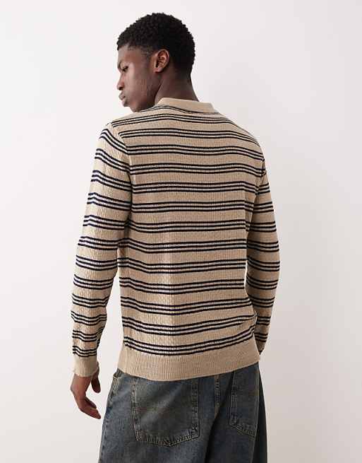 DESIGN Knitted Long Sleeve Stripe Polo In Ecru