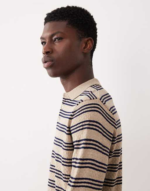 DESIGN Knitted Long Sleeve Stripe Polo In Ecru