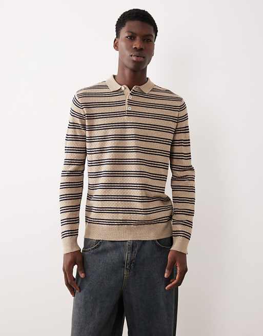 DESIGN knitted long sleeve stripe polo in ecru