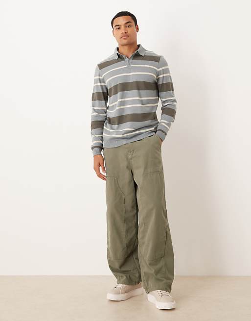 DESIGN Knitted Long Sleeve Stripe Polo In Grey