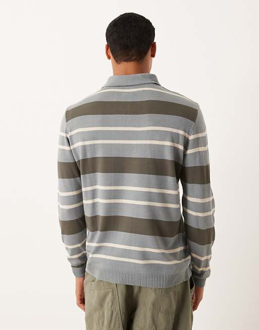 DESIGN Knitted Long Sleeve Stripe Polo In Grey