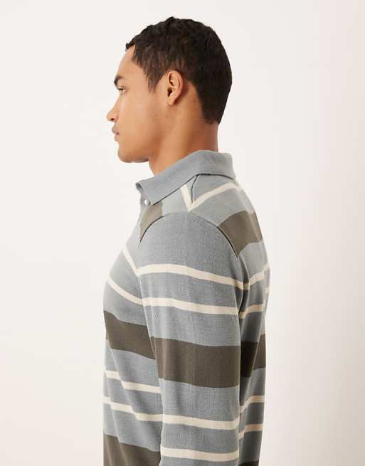 DESIGN Knitted Long Sleeve Stripe Polo In Grey