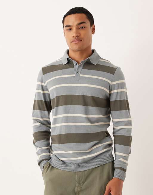 DESIGN knitted long sleeve stripe polo in grey