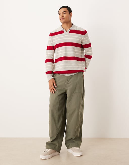 DESIGN Knitted Notch Neck Polo In Red And Beige Stripe