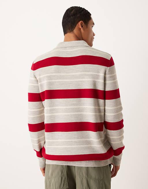 DESIGN Knitted Notch Neck Polo In Red And Beige Stripe