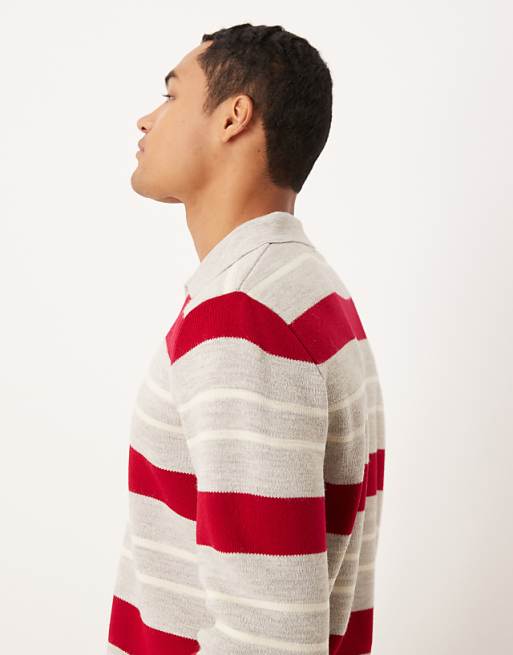 DESIGN Knitted Notch Neck Polo In Red And Beige Stripe