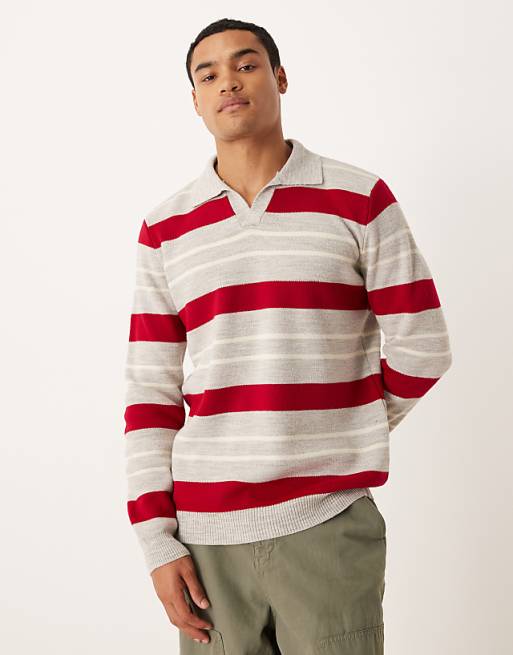 DESIGN knitted notch neck polo in red and beige stripe