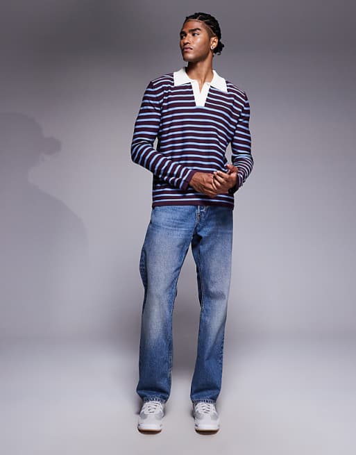 DESIGN Knitted Notch Neck Polo In Red And Blue Stripe