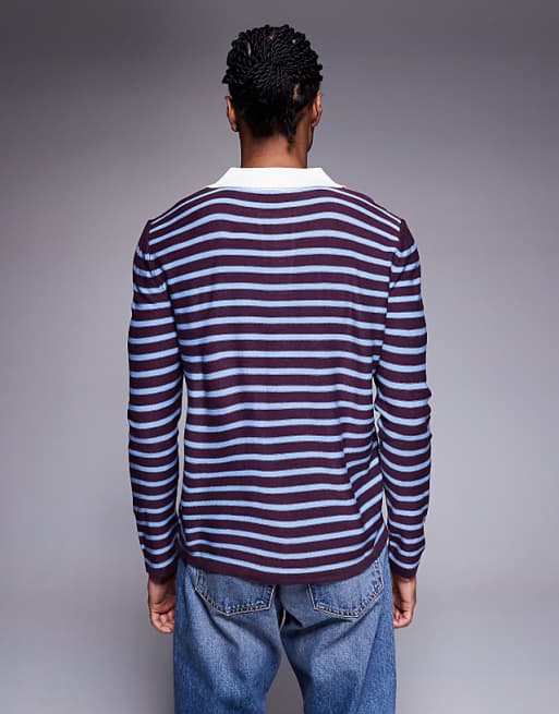 DESIGN Knitted Notch Neck Polo In Red And Blue Stripe