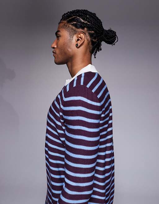 DESIGN Knitted Notch Neck Polo In Red And Blue Stripe