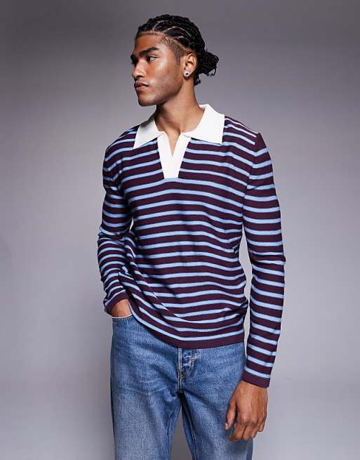 DESIGN knitted notch neck polo in red and blue stripe