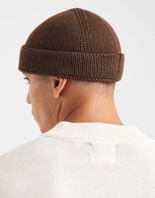DESIGN Knitted Rib Mini Fisherman Beanie In Chocolate Brown