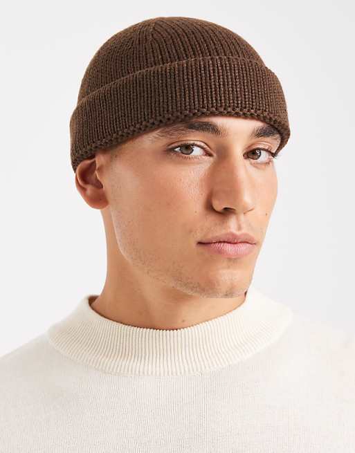 DESIGN knitted rib mini fisherman beanie in chocolate brown