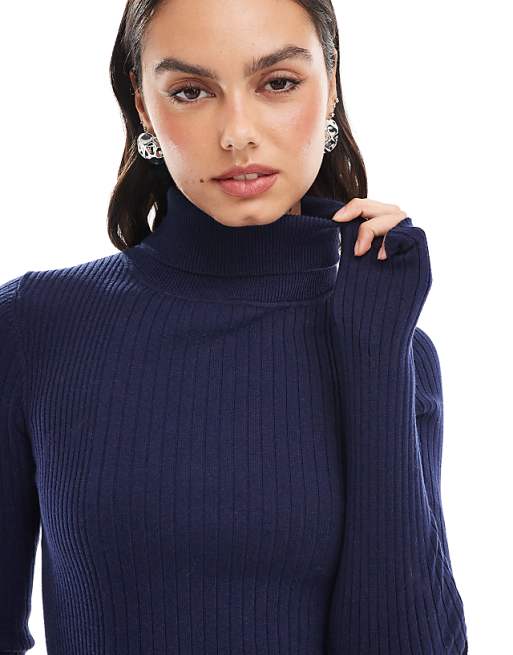 DESIGN Knitted Roll Neck Top In Engineered Rib In Navy