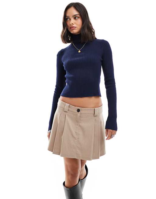 DESIGN Knitted Roll Neck Top In Engineered Rib In Navy